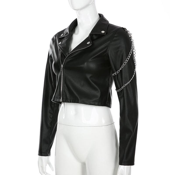 Classic Motorcycle Jacket for Women / Black Short Faux Leather Jacket with Chains