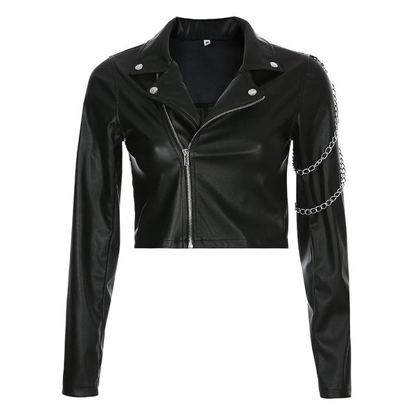 Classic Motorcycle Jacket for Women / Black Short Faux Leather Jacket with Chains