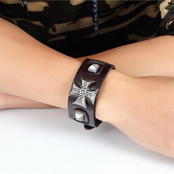 Cross Wide Genuine Leather Wrap Bracelet For Men and Women / Biker Fashion Jewelry