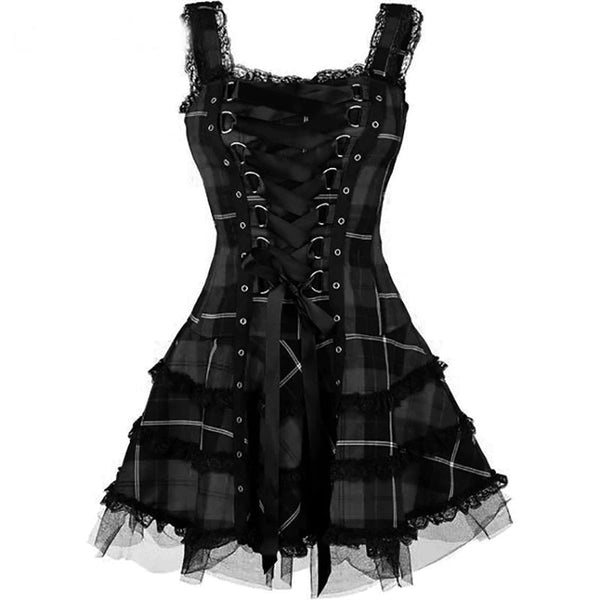 Goth Dark Plaid Bandage Gothic A-line Dress