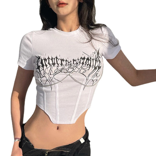 Women's Punk Rock Metal Chain Short Sleeved Crop Top