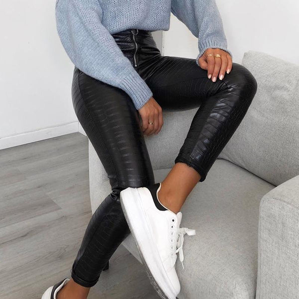 Elegant High Waist Faux Leather Pants / Women Pencil Skinny Pants in Rock Style