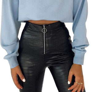 Elegant High Waist Faux Leather Pants / Women Pencil Skinny Pants in Rock Style