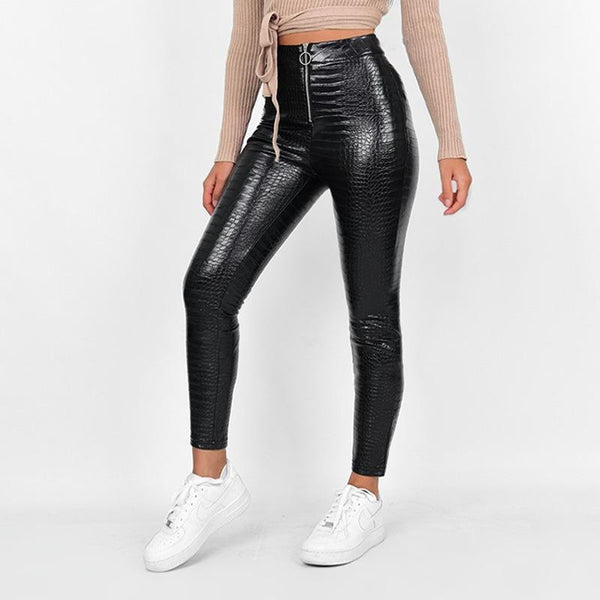 Elegant High Waist Faux Leather Pants / Women Pencil Skinny Pants in Rock Style