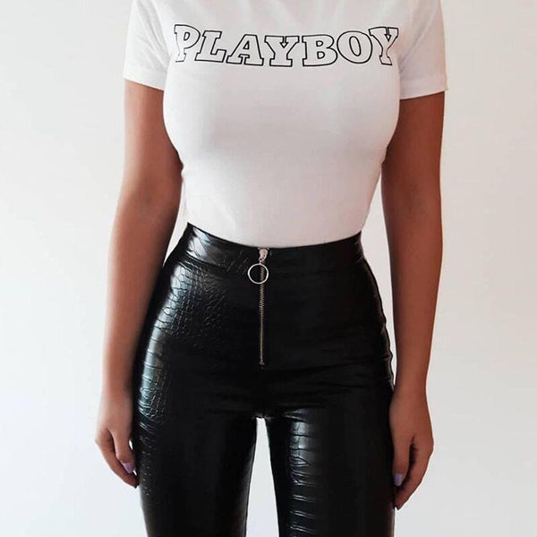 Elegant High Waist Faux Leather Pants / Women Pencil Skinny Pants in Rock Style