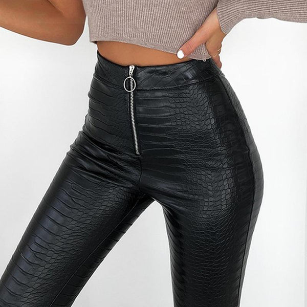 Elegant High Waist Faux Leather Pants / Women Pencil Skinny Pants in Rock Style