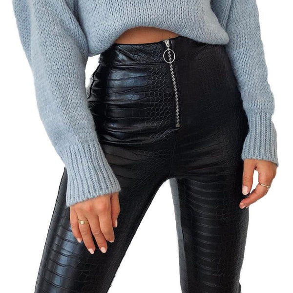 Elegant High Waist Faux Leather Pants / Women Pencil Skinny Pants in Rock Style