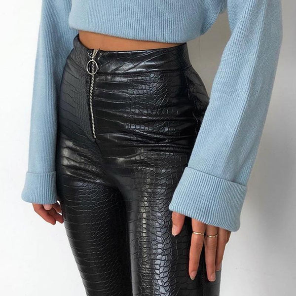 Elegant High Waist Faux Leather Pants / Women Pencil Skinny Pants in Rock Style