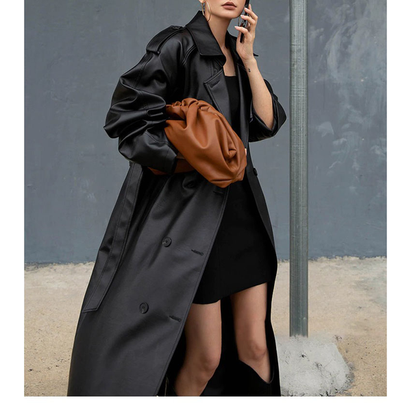 Extra Long Black Faux Leather Trench Coat for Women / Fashion Loose Long Sleeve Coat with Belt