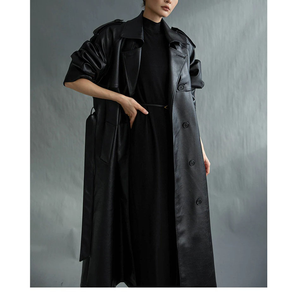 Extra Long Black Faux Leather Trench Coat for Women / Fashion Loose Long Sleeve Coat with Belt