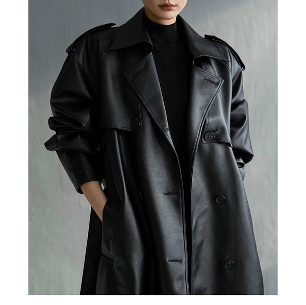 Extra Long Black Faux Leather Trench Coat for Women / Fashion Loose Long Sleeve Coat with Belt