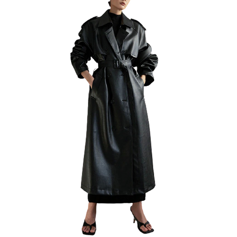 Extra Long Black Faux Leather Trench Coat for Women / Fashion Loose Long Sleeve Coat with Belt