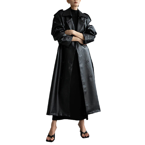 Extra Long Black Faux Leather Trench Coat for Women / Fashion Loose Long Sleeve Coat with Belt