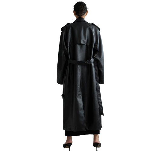 Extra Long Black Faux Leather Trench Coat for Women / Fashion Loose Long Sleeve Coat with Belt