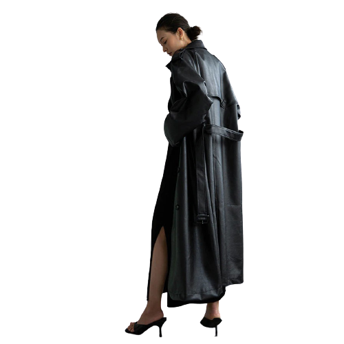 Extra Long Black Faux Leather Trench Coat for Women / Fashion Loose Long Sleeve Coat with Belt