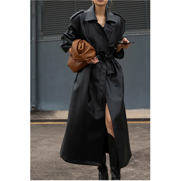 Extra Long Black Faux Leather Trench Coat for Women / Fashion Loose Long Sleeve Coat with Belt