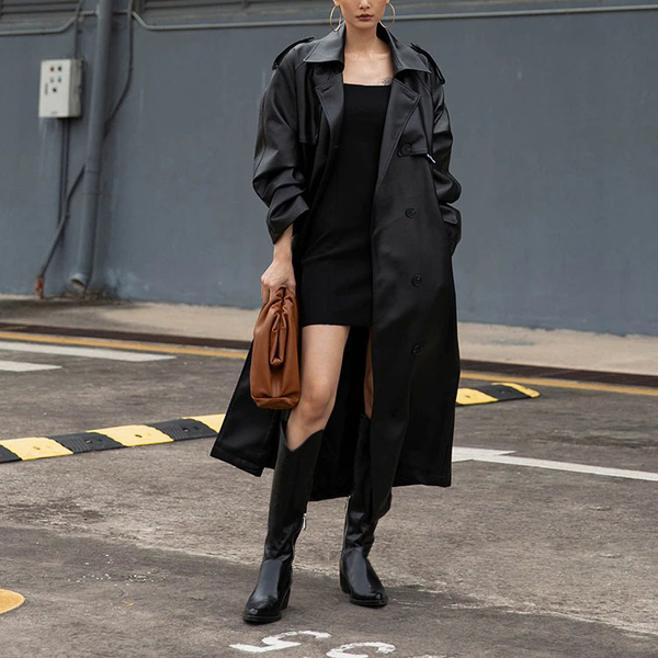 Extra Long Black Faux Leather Trench Coat for Women / Fashion Loose Long Sleeve Coat with Belt