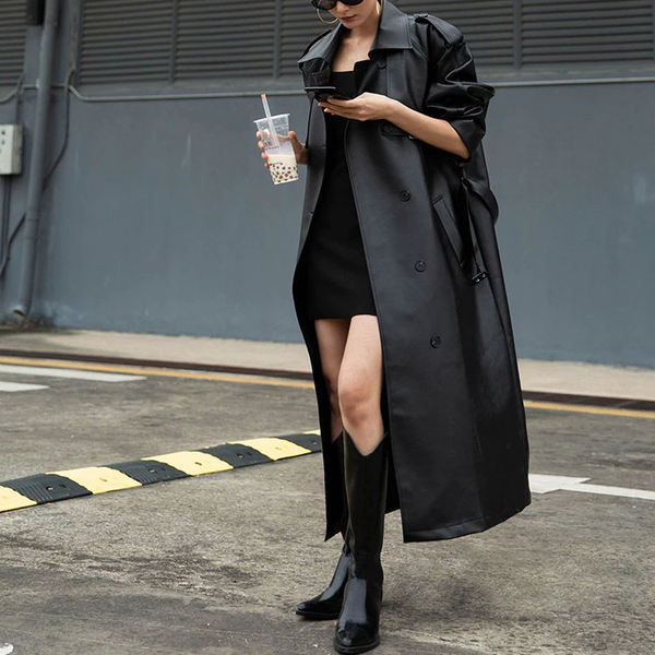 Extra Long Black Faux Leather Trench Coat for Women / Fashion Loose Long Sleeve Coat with Belt