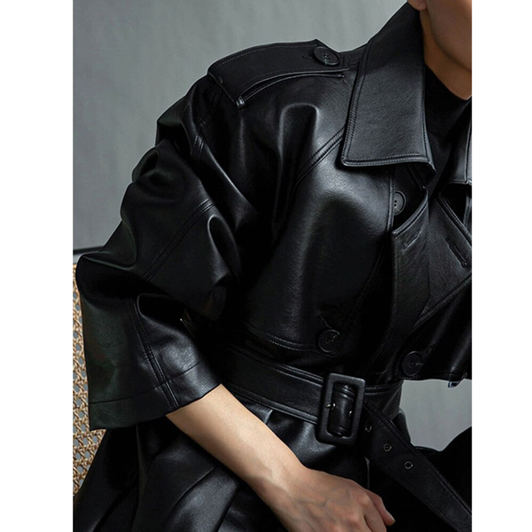 Extra Long Black Faux Leather Trench Coat for Women / Fashion Loose Long Sleeve Coat with Belt