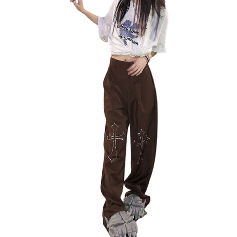 Fashion High Pants Women with Printed Cross / Punk Female Straight Trousers