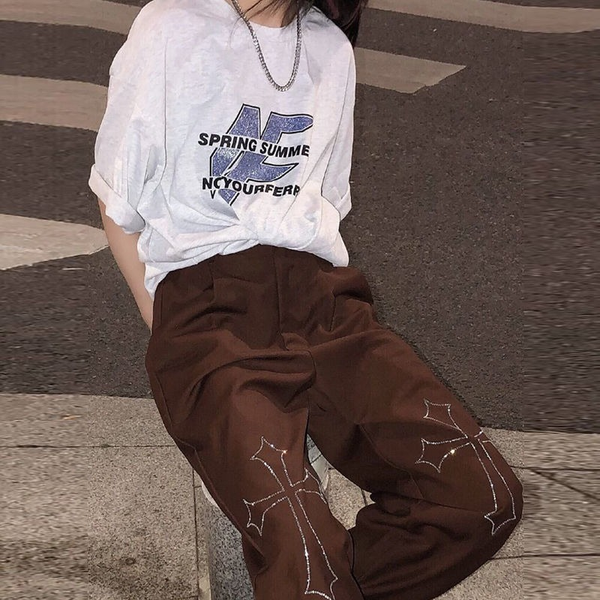 Fashion High Pants Women with Printed Cross / Punk Female Straight Trousers