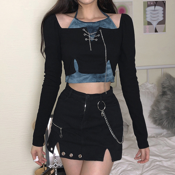 Fashion Long Sleeve Patchwork T-Shirt / Women's Chain Black Crop Top