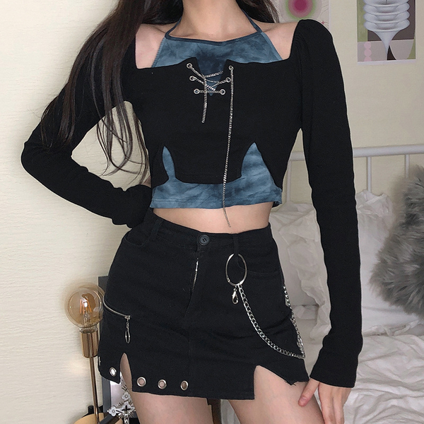 Fashion Long Sleeve Patchwork T-Shirt / Women's Chain Black Crop Top