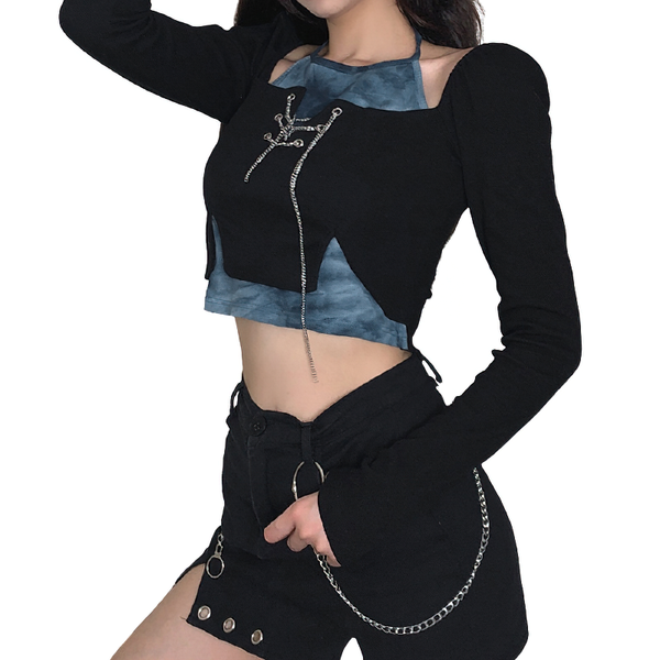 Fashion Long Sleeve Patchwork T-Shirt / Women's Chain Black Crop Top