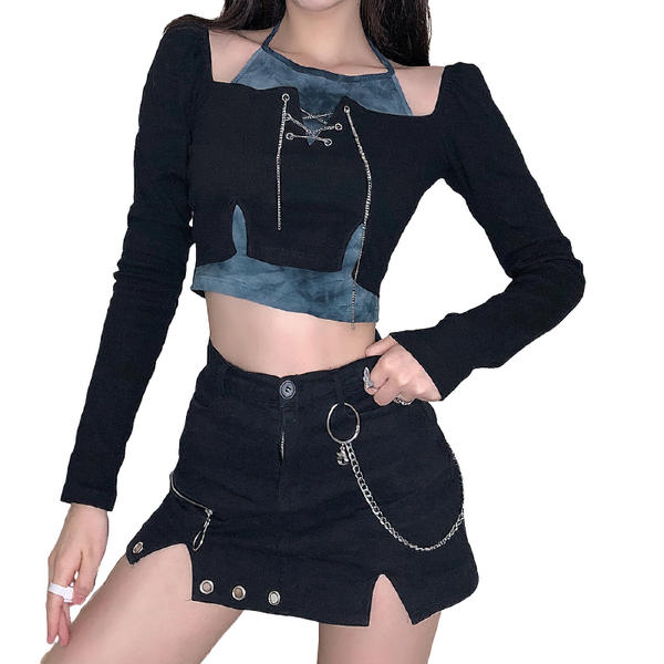 Fashion Long Sleeve Patchwork T-Shirt / Women's Chain Black Crop Top