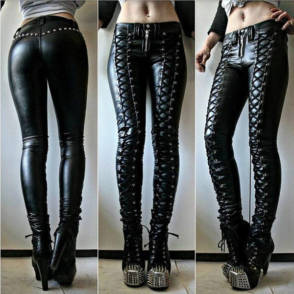 Fashion Women's Pleated PU Leather Trousers / Ladies Skinny Zipper Lace-up Pants