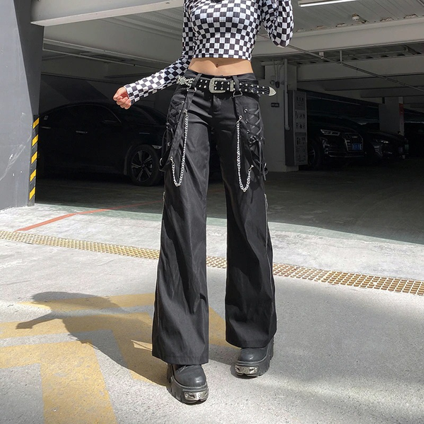 Fashion Women's Wide Leg Cargo Pants / Casual Black Ladies Zip Up Trousers in Punk style