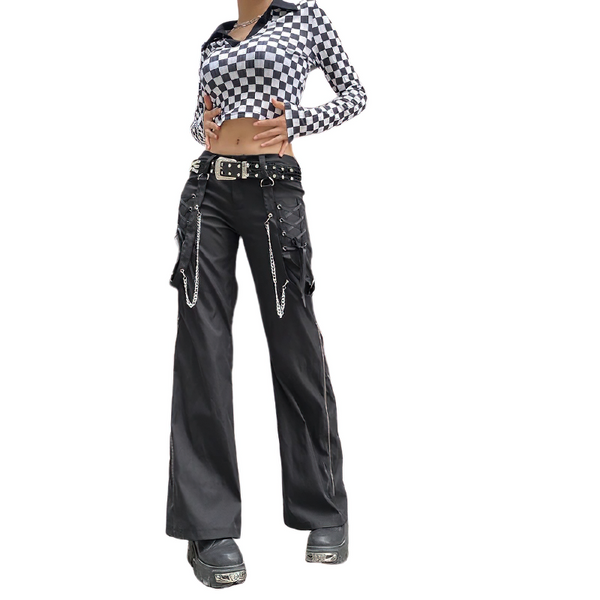 Fashion Women's Wide Leg Cargo Pants / Casual Black Ladies Zip Up Trousers in Punk style