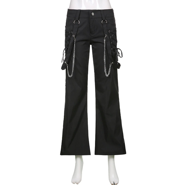 Fashion Women's Wide Leg Cargo Pants / Casual Black Ladies Zip Up Trousers in Punk style