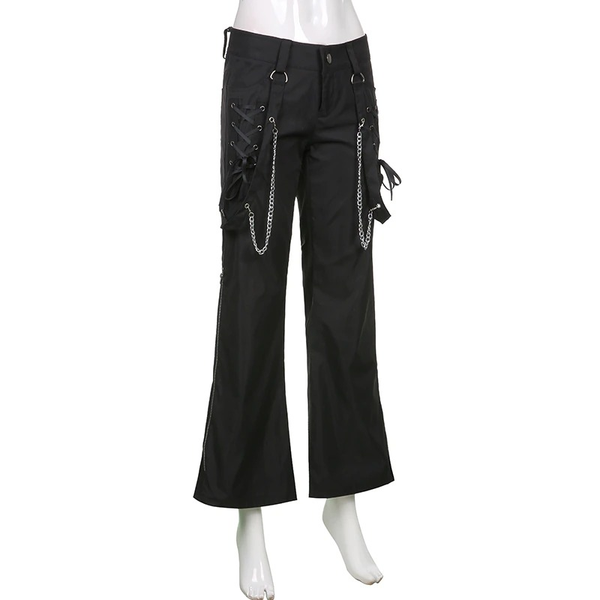 Fashion Women's Wide Leg Cargo Pants / Casual Black Ladies Zip Up Trousers in Punk style