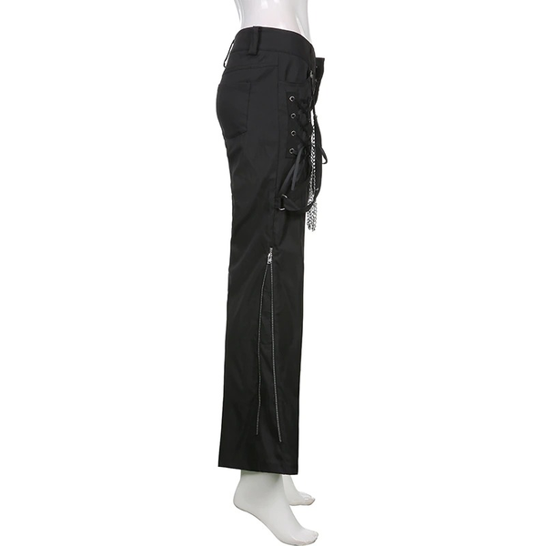 Fashion Women's Wide Leg Cargo Pants / Casual Black Ladies Zip Up Trousers in Punk style