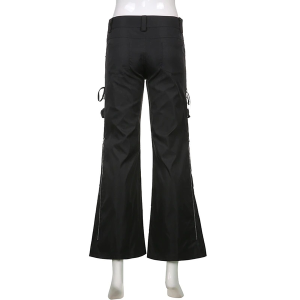 Fashion Women's Wide Leg Cargo Pants / Casual Black Ladies Zip Up Trousers in Punk style