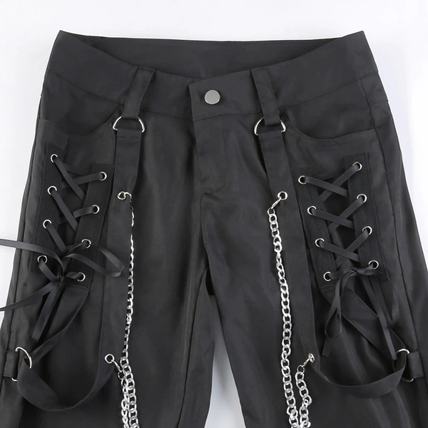 Fashion Women's Wide Leg Cargo Pants / Casual Black Ladies Zip Up Trousers in Punk style