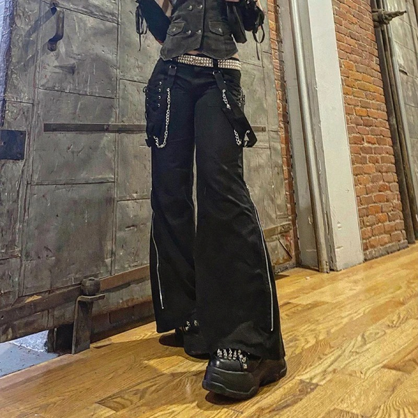 Fashion Women's Wide Leg Cargo Pants / Casual Black Ladies Zip Up Trousers in Punk style