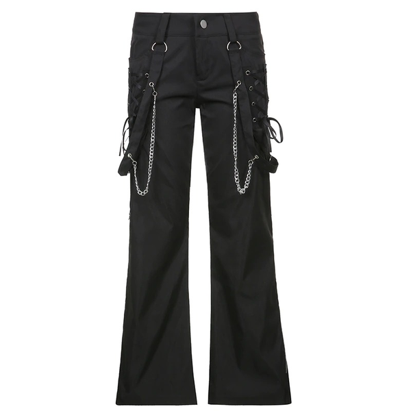 Fashion Women's Wide Leg Cargo Pants / Casual Black Ladies Zip Up Trousers in Punk style