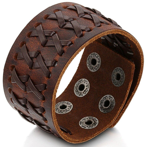 Genuine Leather Wide Bracelets / Bangles Size Adjustable Wrap Bracelet in Rock Style