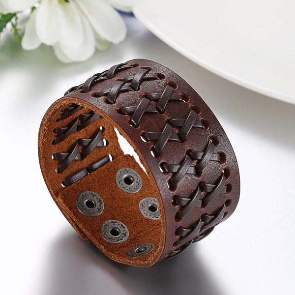 Genuine Leather Wide Bracelets / Bangles Size Adjustable Wrap Bracelet in Rock Style