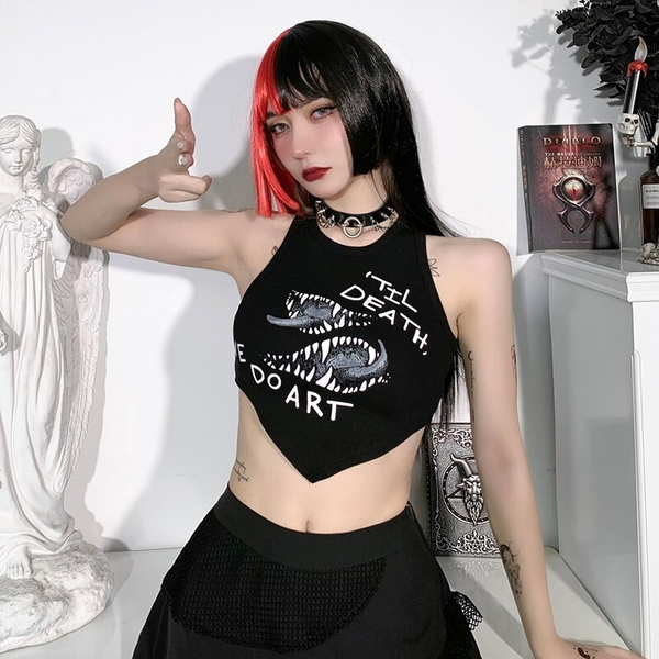 Goth Round Neck Asymmetrical Tank Tops / Women's Sleeveless Cropped Tops