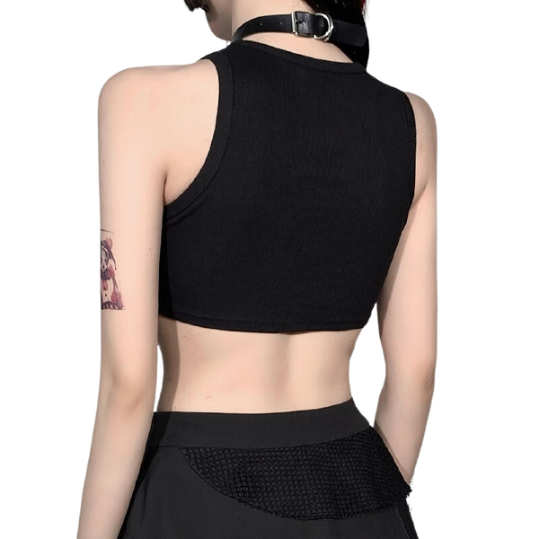 Goth Round Neck Asymmetrical Tank Tops / Women's Sleeveless Cropped Tops