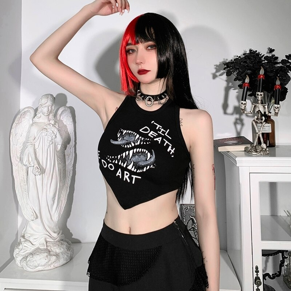 Goth Round Neck Asymmetrical Tank Tops / Women's Sleeveless Cropped Tops