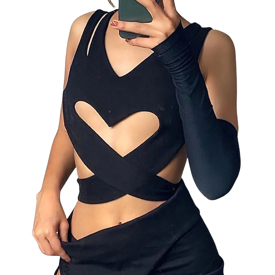 Goth Sexy Cut Out Crop Tops / Women Grunge Black Bandage Tank Top / Punk Chic Backless Clothes