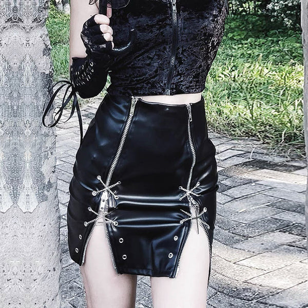 Leather Cross Chains Zipper Skirt