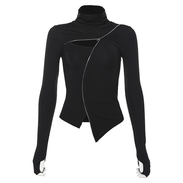 Gothic Black Slim Long Sleeve Top / Casual Zipper Open Women's Turtleneck