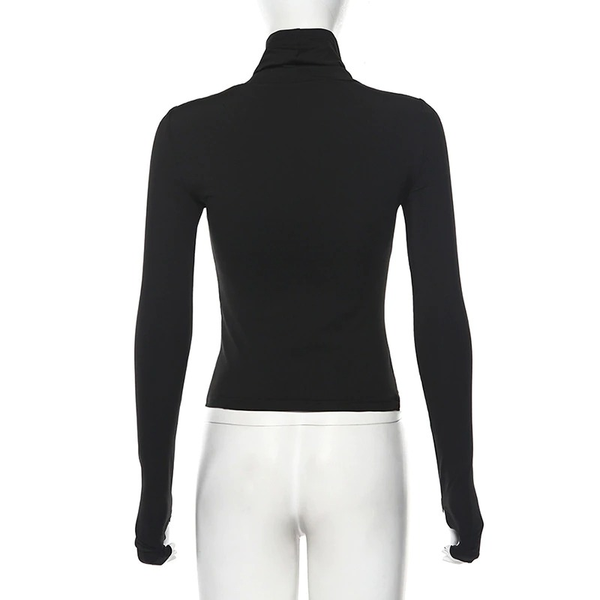 Gothic Black Slim Long Sleeve Top / Casual Zipper Open Women's Turtleneck