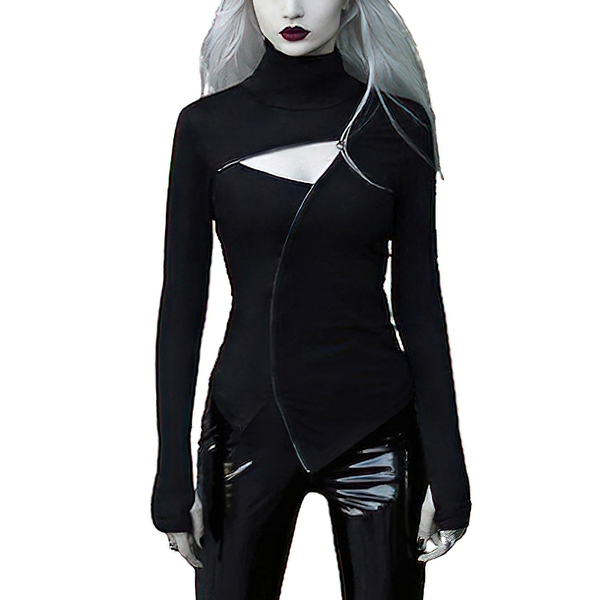 Gothic Black Slim Long Sleeve Top / Casual Zipper Open Women's Turtleneck