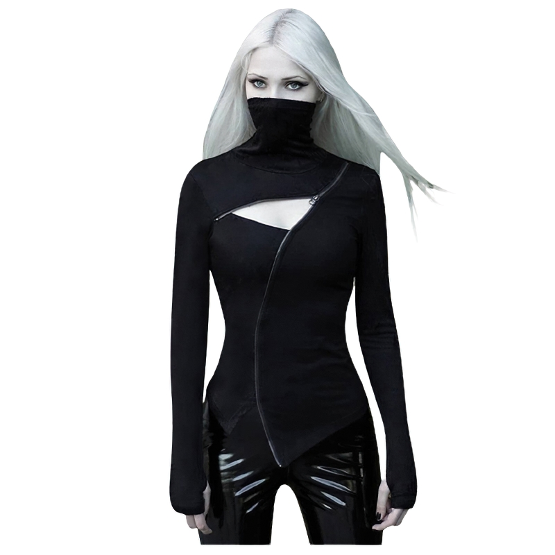 Gothic Black Slim Long Sleeve Top / Casual Zipper Open Women's Turtleneck